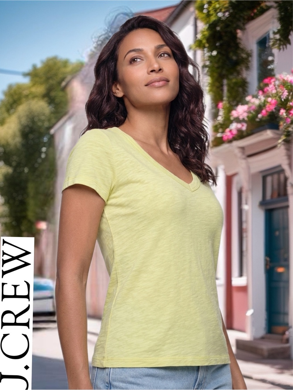 J. Crew Women's Pale Yellow V-Neck Short Sleeve Tee cotton